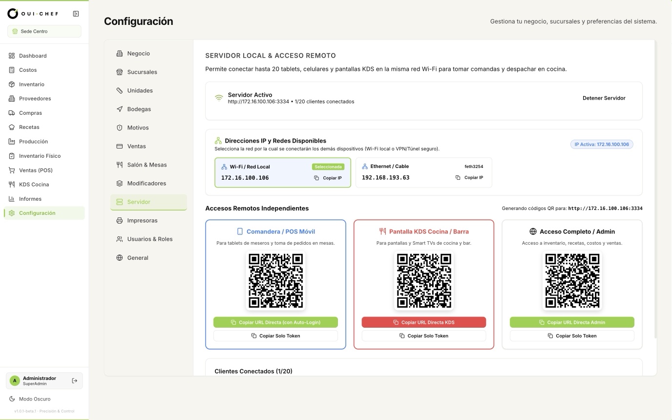 Servidor local activo con código QR para conectar tablets y celulares