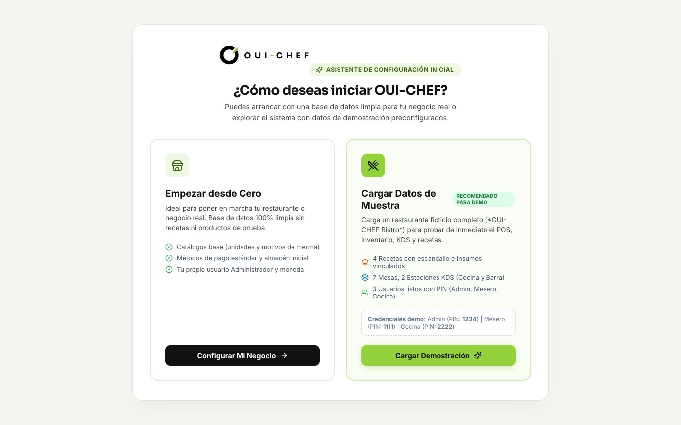 Asistente de primer inicio para elegir base limpia o datos de demostración